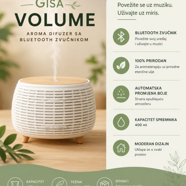 Gisa Volume aroma difuzer sa bluetooth zvučnikom Gisa Volume aroma difuzer sa bluetooth zvučnikom