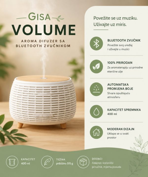 Gisa Volume aroma difuzer sa bluetooth zvučnikom Gisa Volume aroma difuzer sa bluetooth zvučnikom